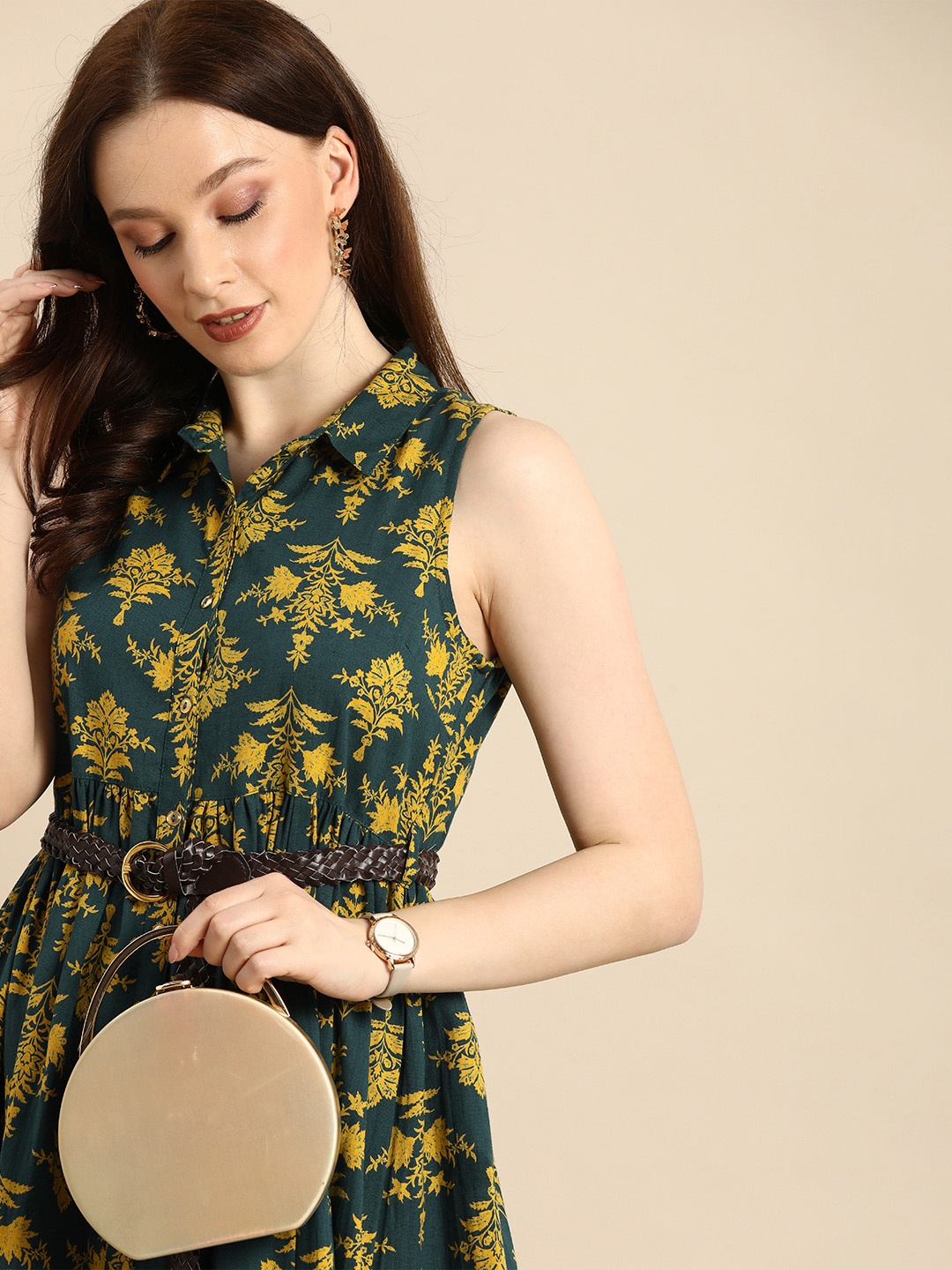 

all about you Green & Yellow Floral Pure Cotton Sleevless Gathered Midi Dress