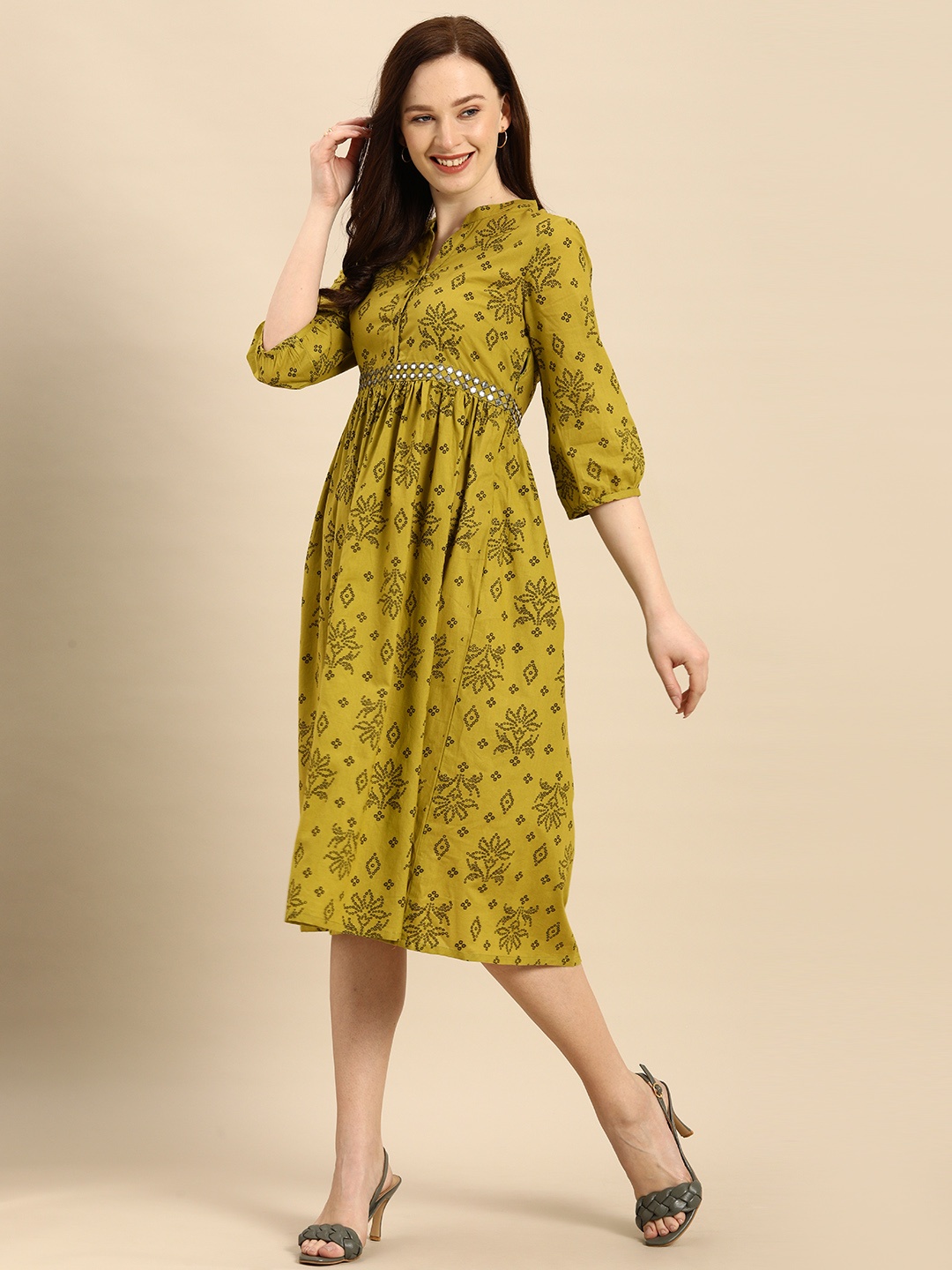 

all about you Green Ethnic Motifs Printed A-Line Dress