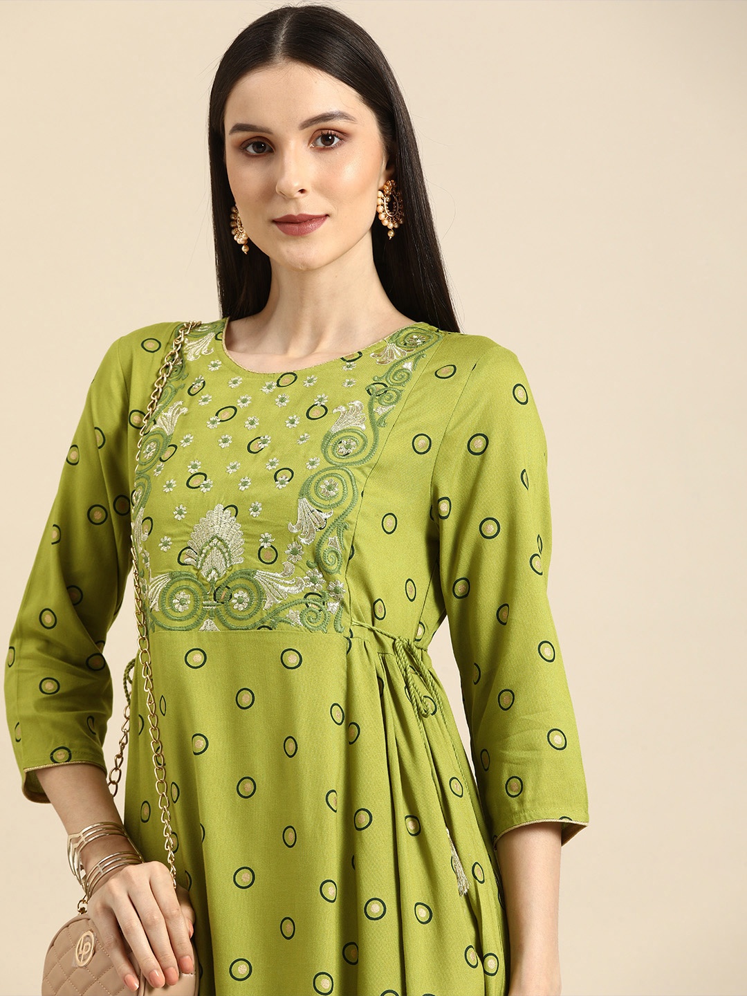 

all about you Green Printed Ethnic A-Line Midi Dress with Waist T-e-Ups