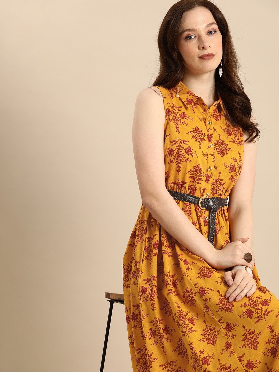 

all about you Yellow & Red Floral Pure Cotton Sleevless Gathered Midi Dress