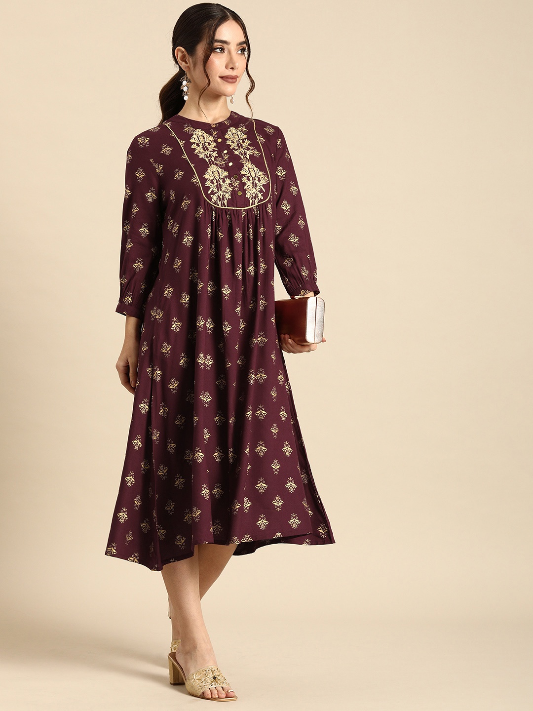 

all about you Women Maroon & Gold-Toned Ethnic Motifs Printed Empire Midi Dress