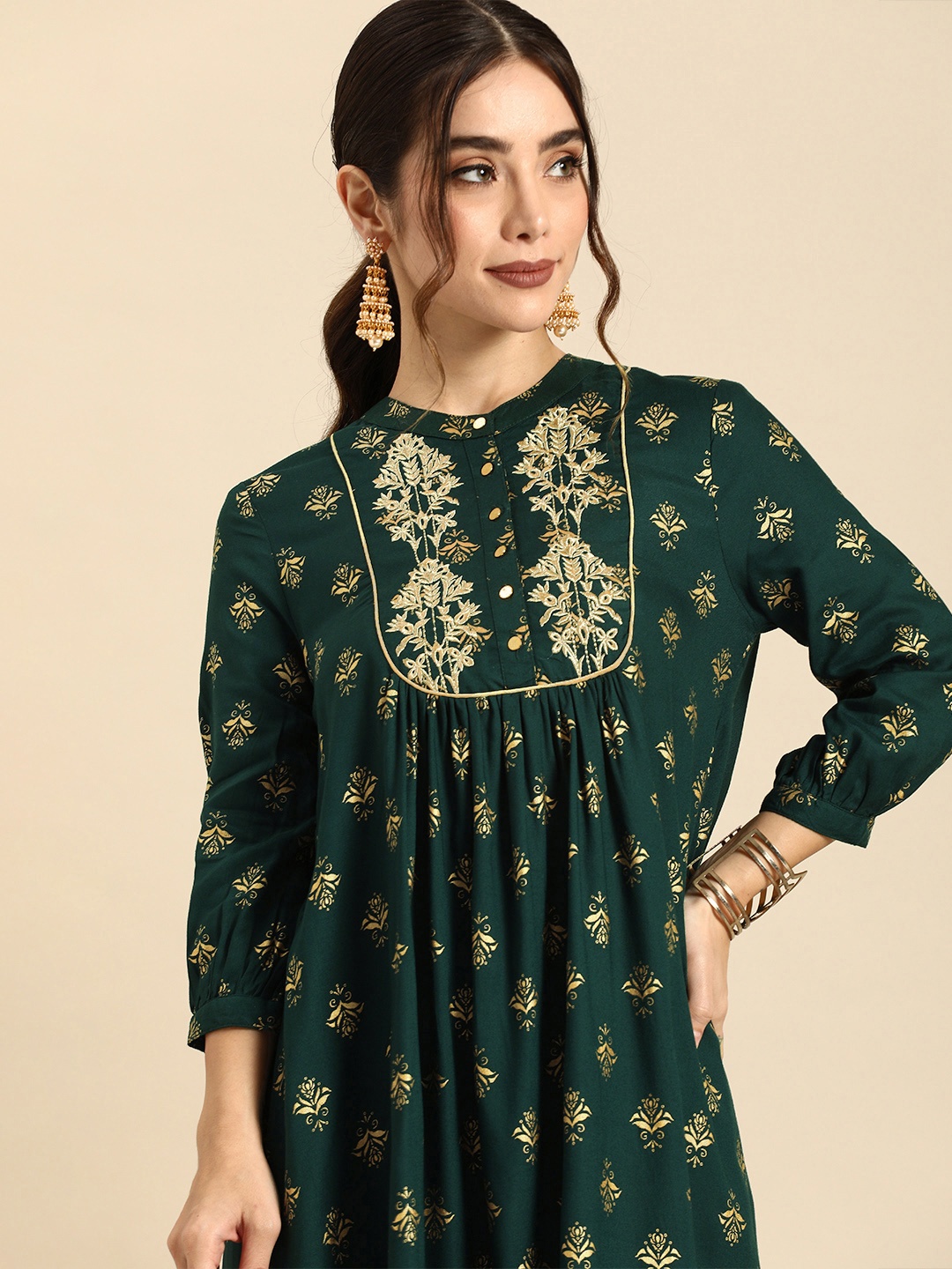 

all about you Women Green & Gold-Toned Ethnic Motifs Printed A-Line Midi Dress