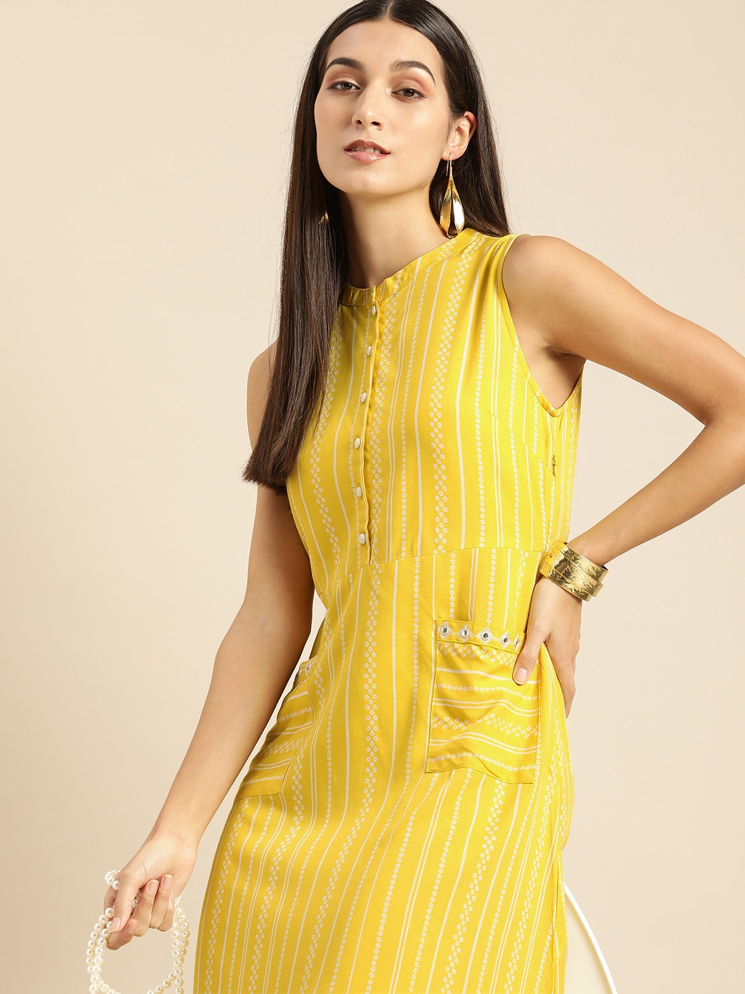 

all about you Yellow & White Bandhani Printed A-Line Midi Dress