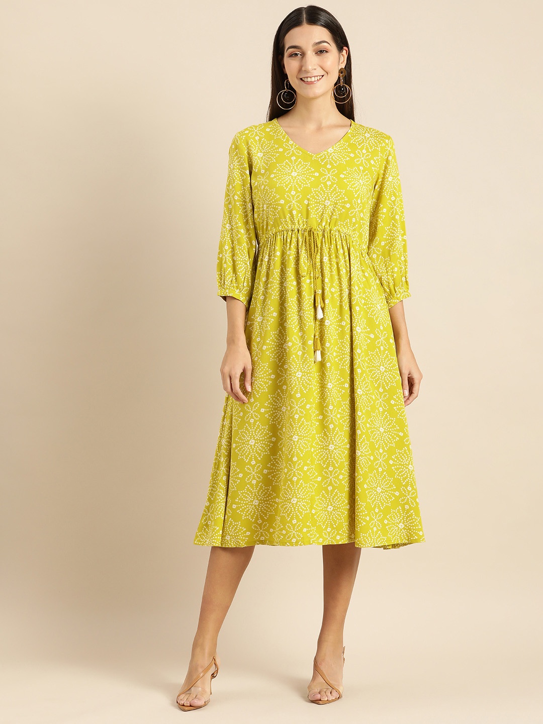 

all about you Lime Green & White Bandhani Printed A-Line Midi Dress