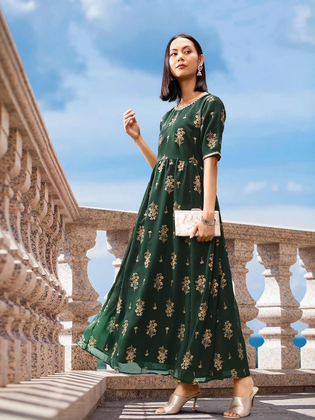 

Routes by All About You Green Floral Sequined Maxi Fit& Flare Dress