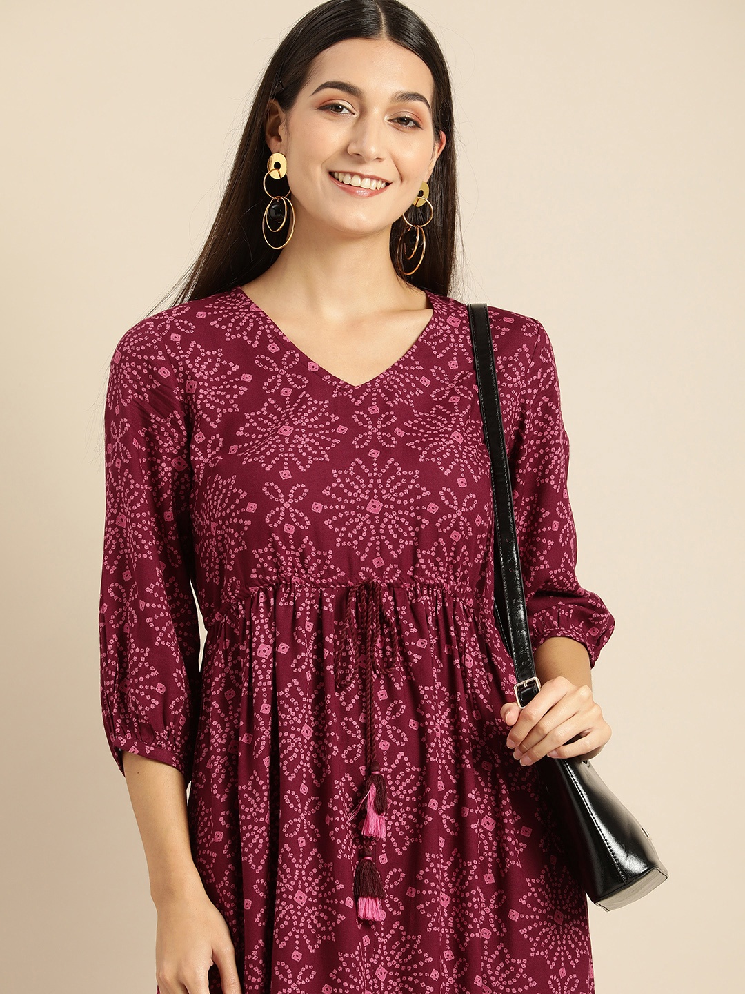 

all about you Maroon & Pink Bandhani Printed A-Line Midi Dress