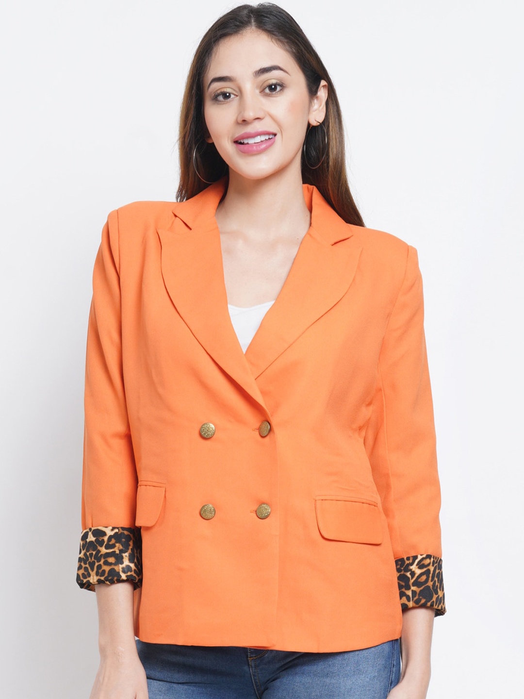 

Purple State Women Orange Solid Double Breasted Slim-Fit Blazer