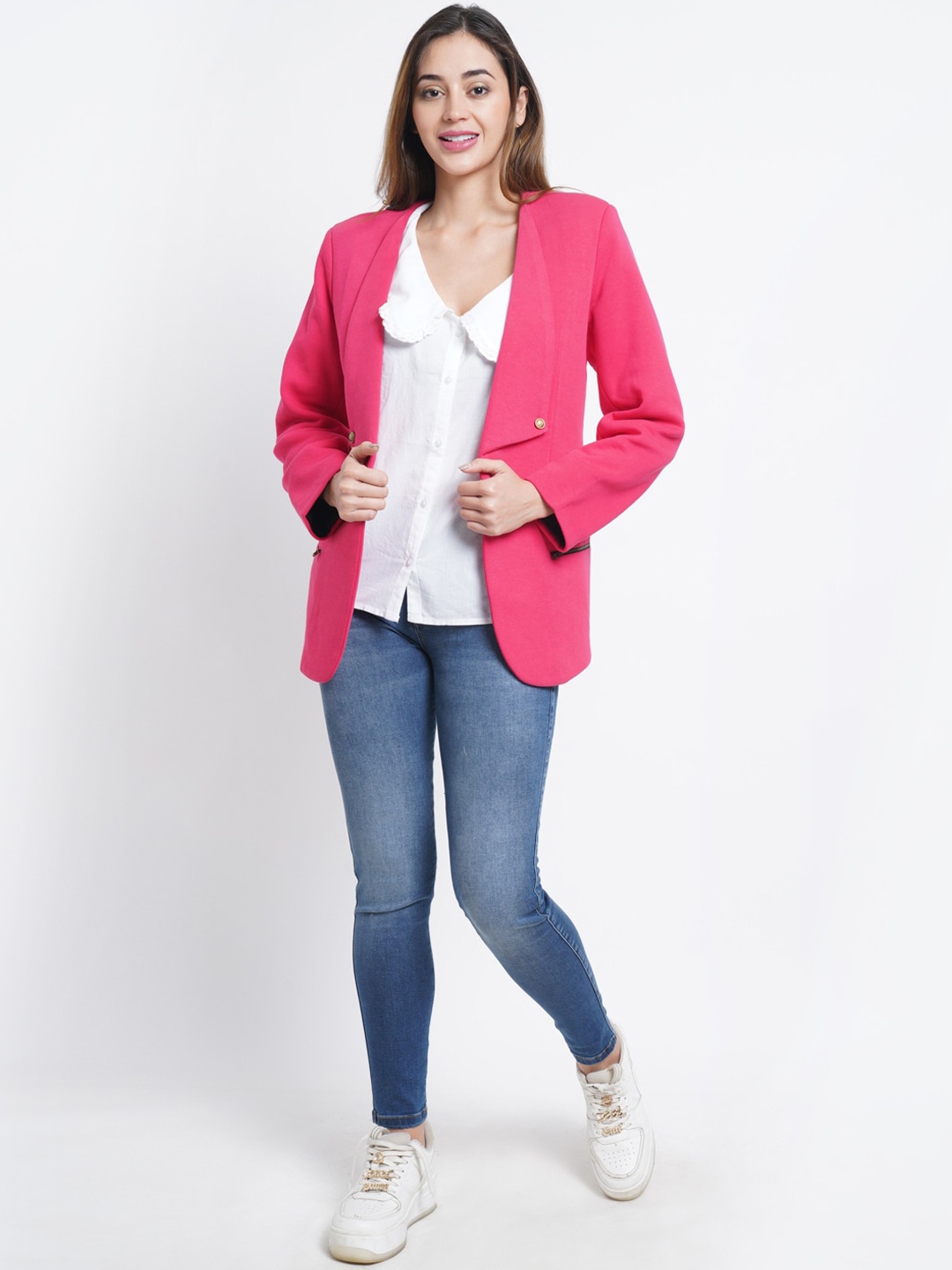 

Purple State Women Pink Solid Slim-Fit Cotton Blazers