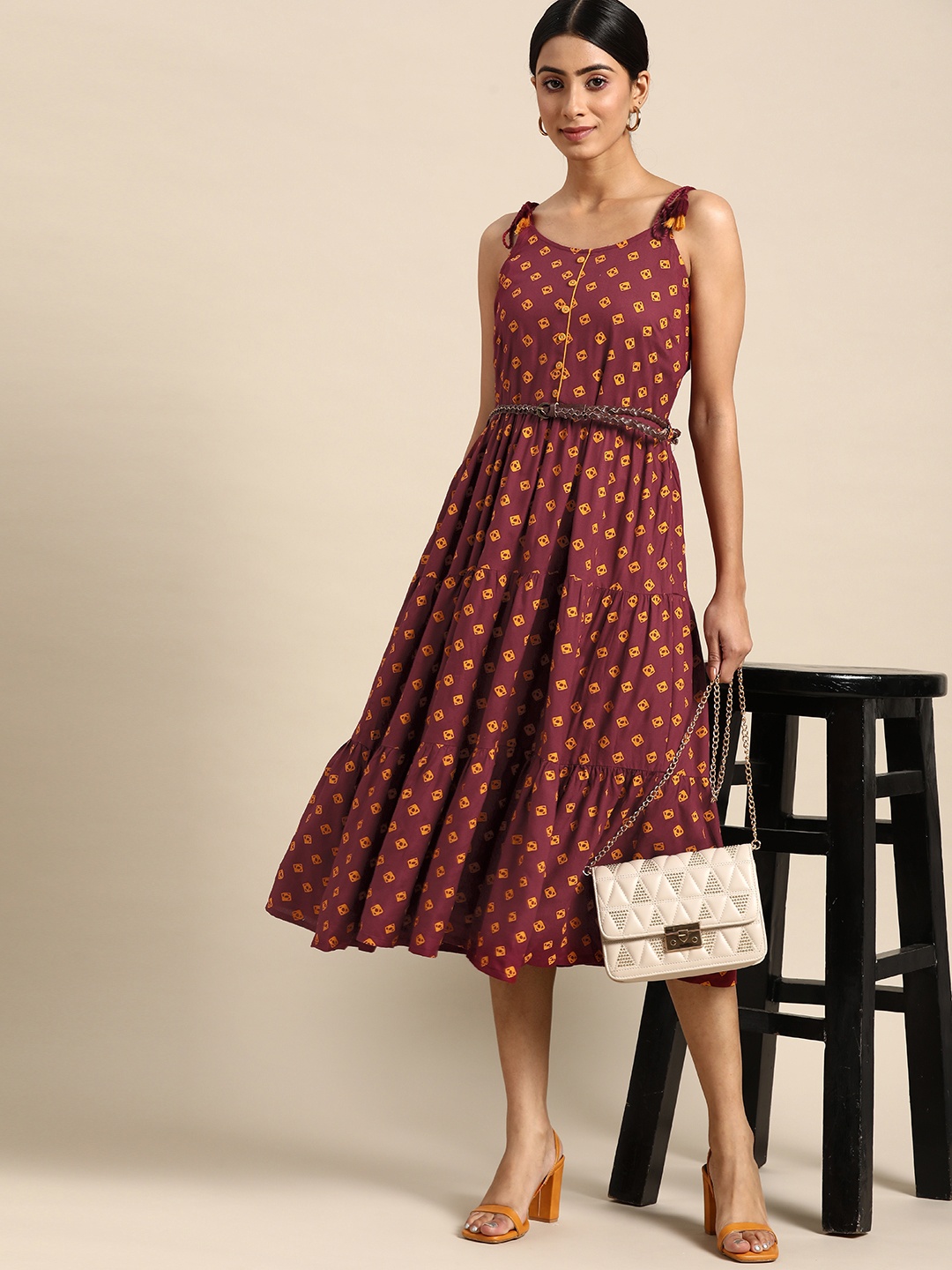 

all about you Maroon & Yellow A-Line Tiered Midi Dress