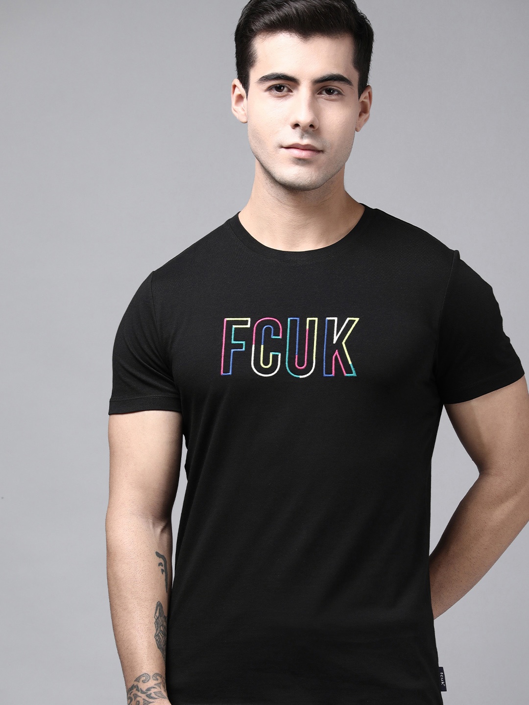 

French Connection Men Black Brand Logo Printed Pure Cotton Slim Fit T-shirt