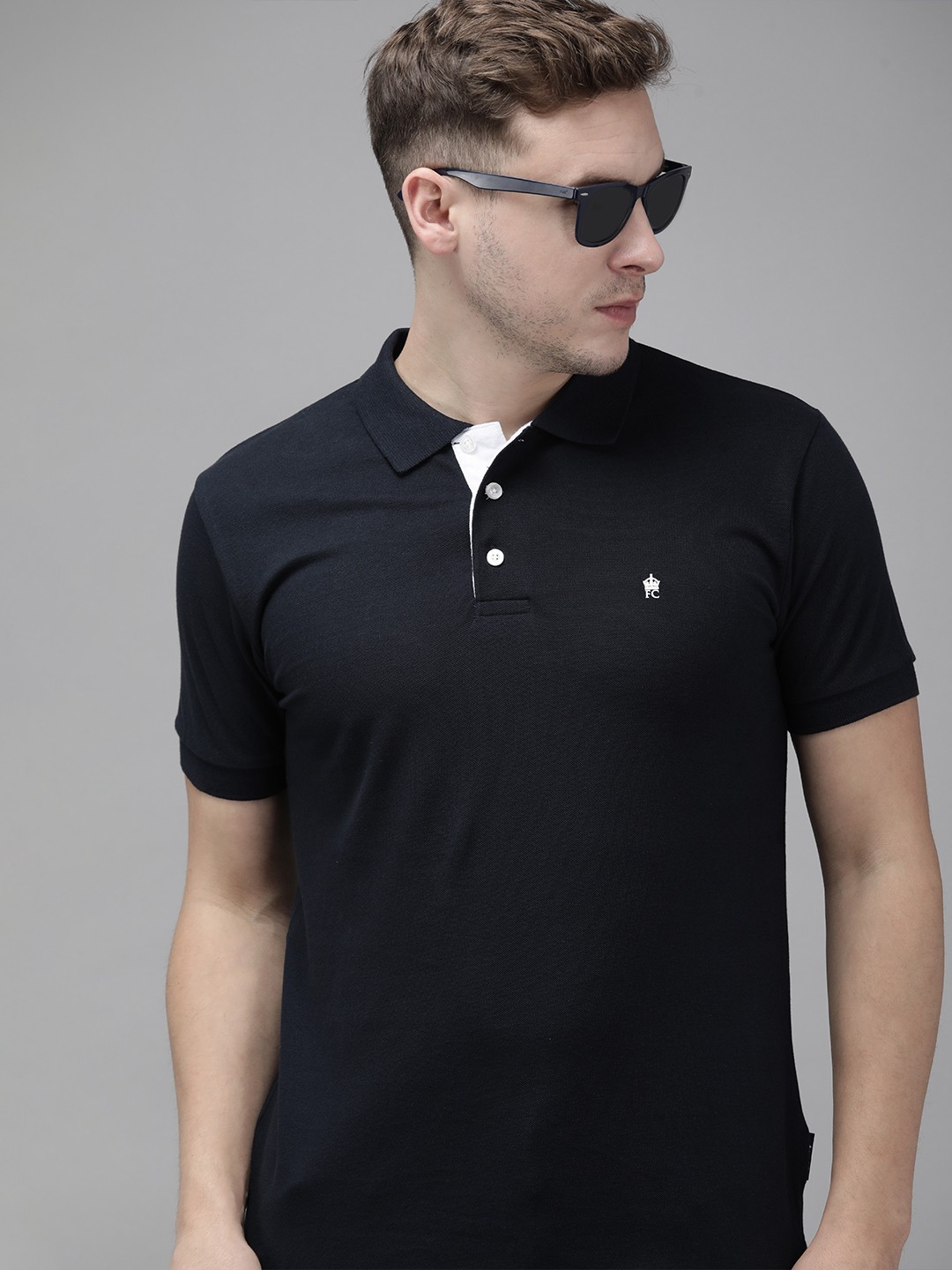

French Connection Men Navy Blue Solid Pure Cotton Polo Collar Slim Fit T-shirt