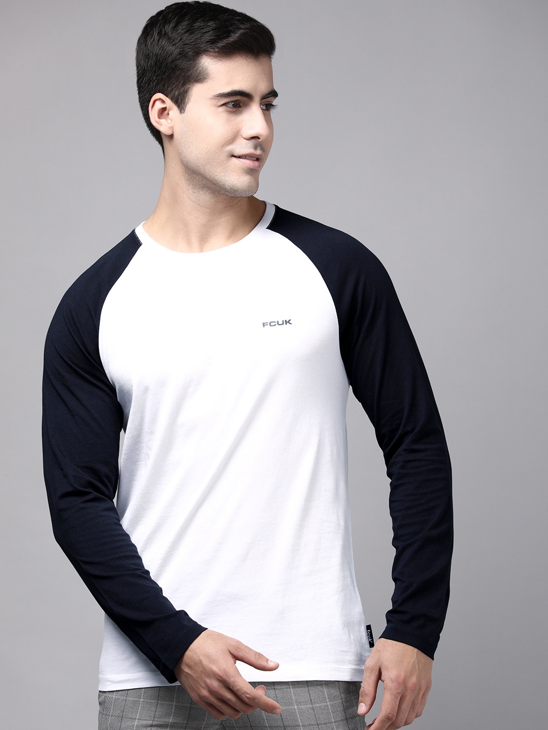 

French Connection Men White Solid Contrast Sleeves Pure Cotton T-shirt