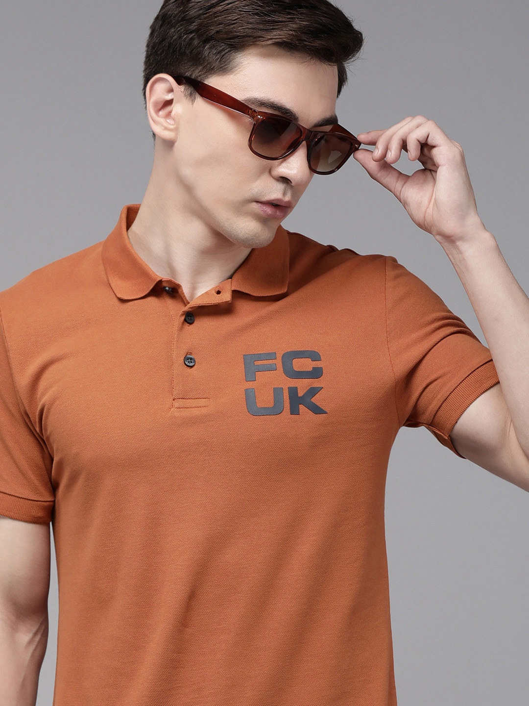 

French Connection Men Brown Brand Logo Polo Collar Slim Fit Casual T-shirt