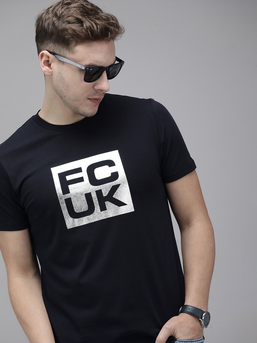 

French Connection Men Blue & Silver-Toned Typography Printed Slim Fit T-shirt