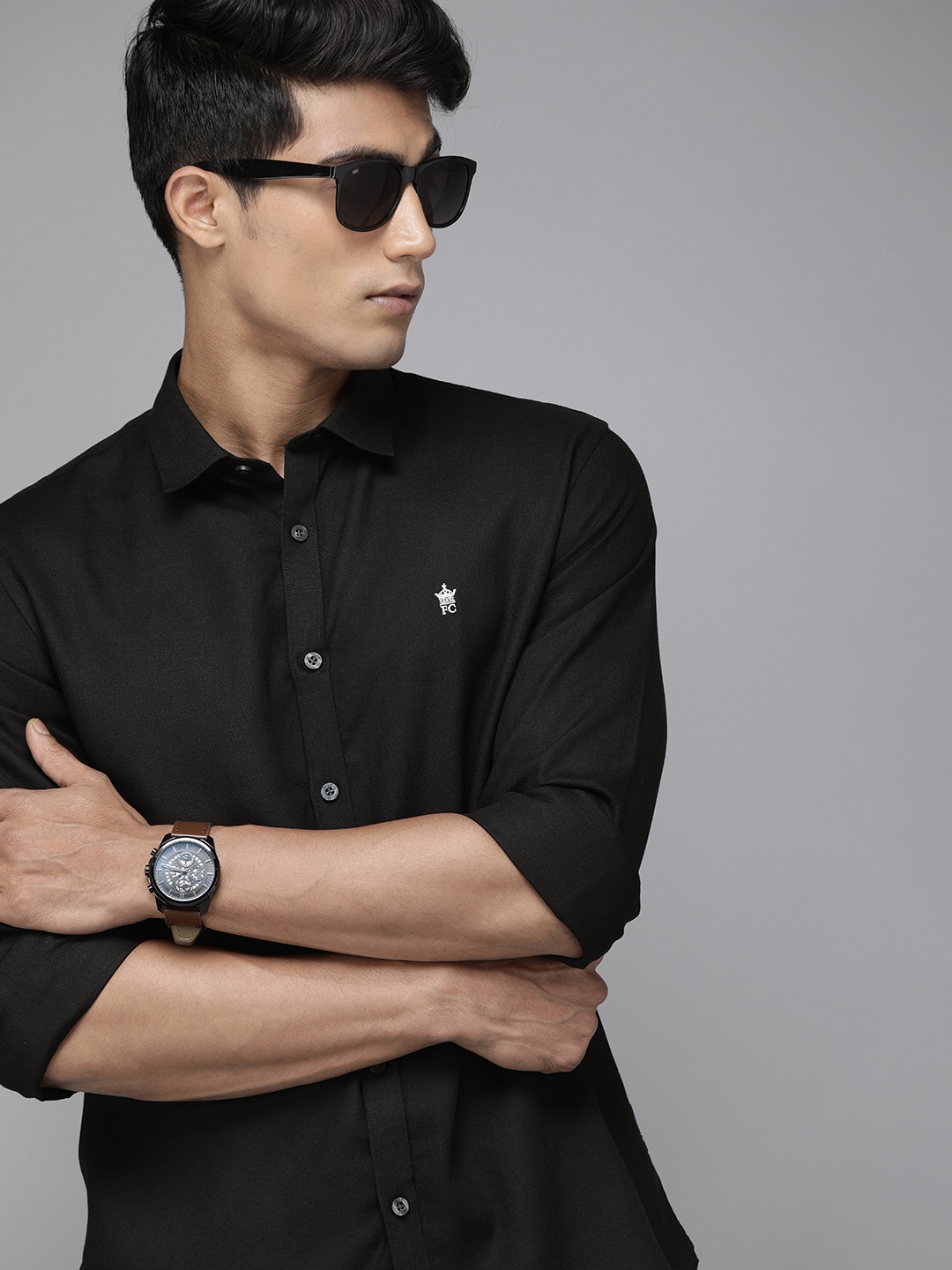 

French Connection Men Black Solid Slim Fit Pure Cotton Casual Shirt