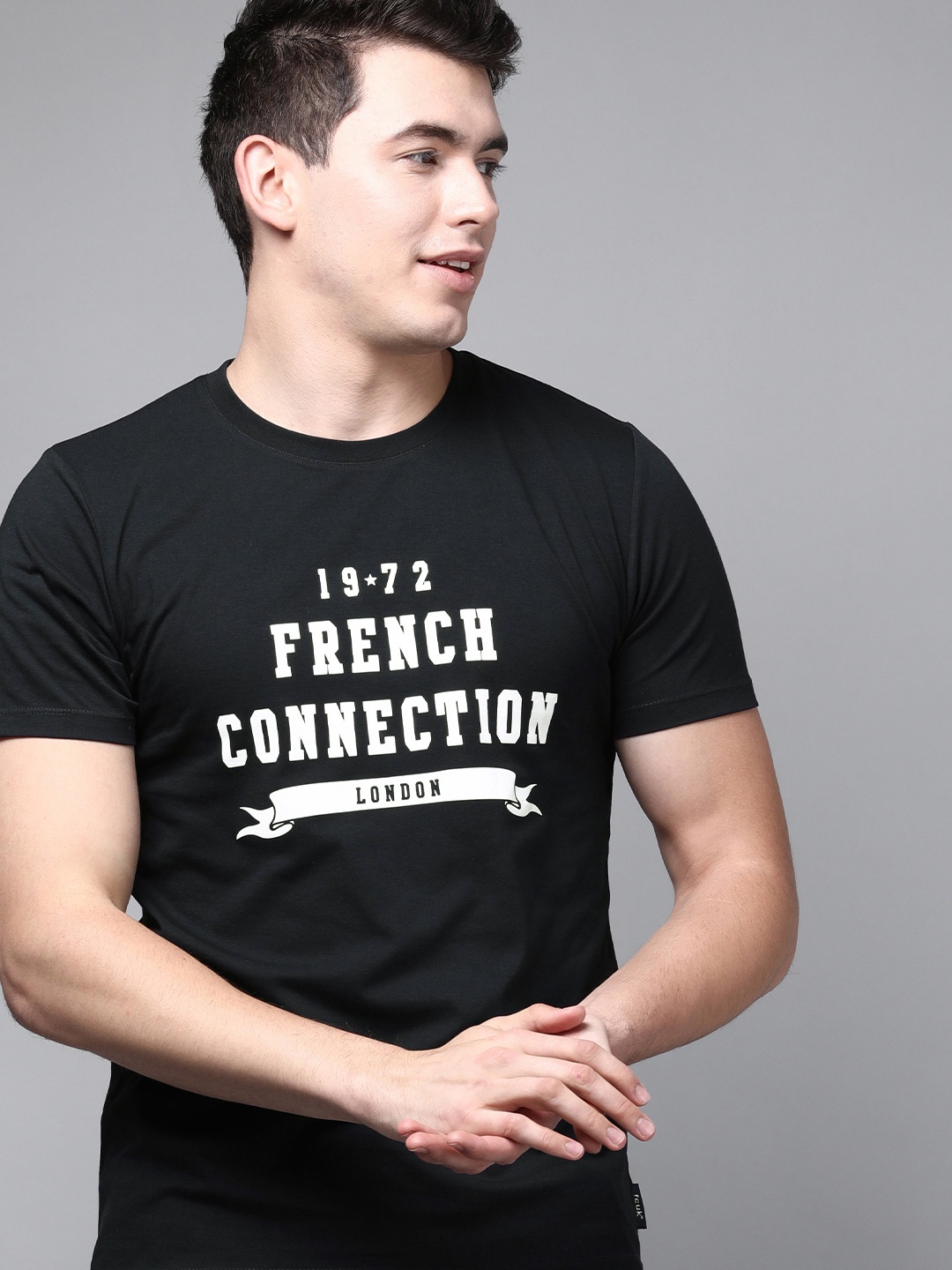 

French Connection Men Navy Blue Brand Logo Printed Pure Cotton Slim Fit T-shirt