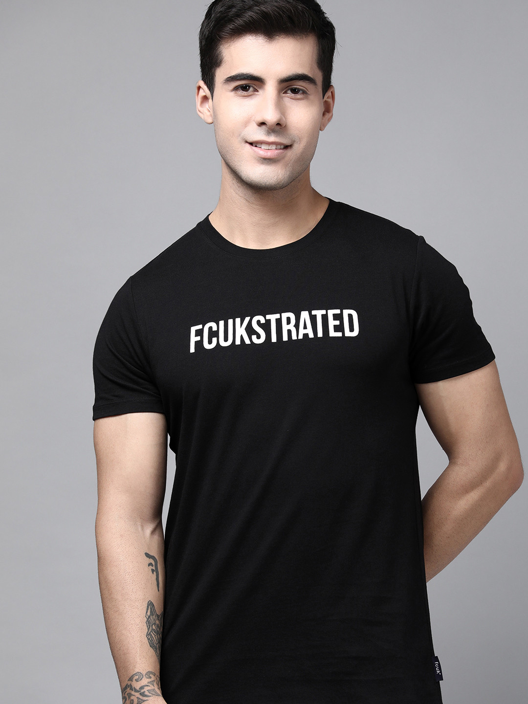 

French Connection Men Black Typography Printed Pure Cotton T-shirt