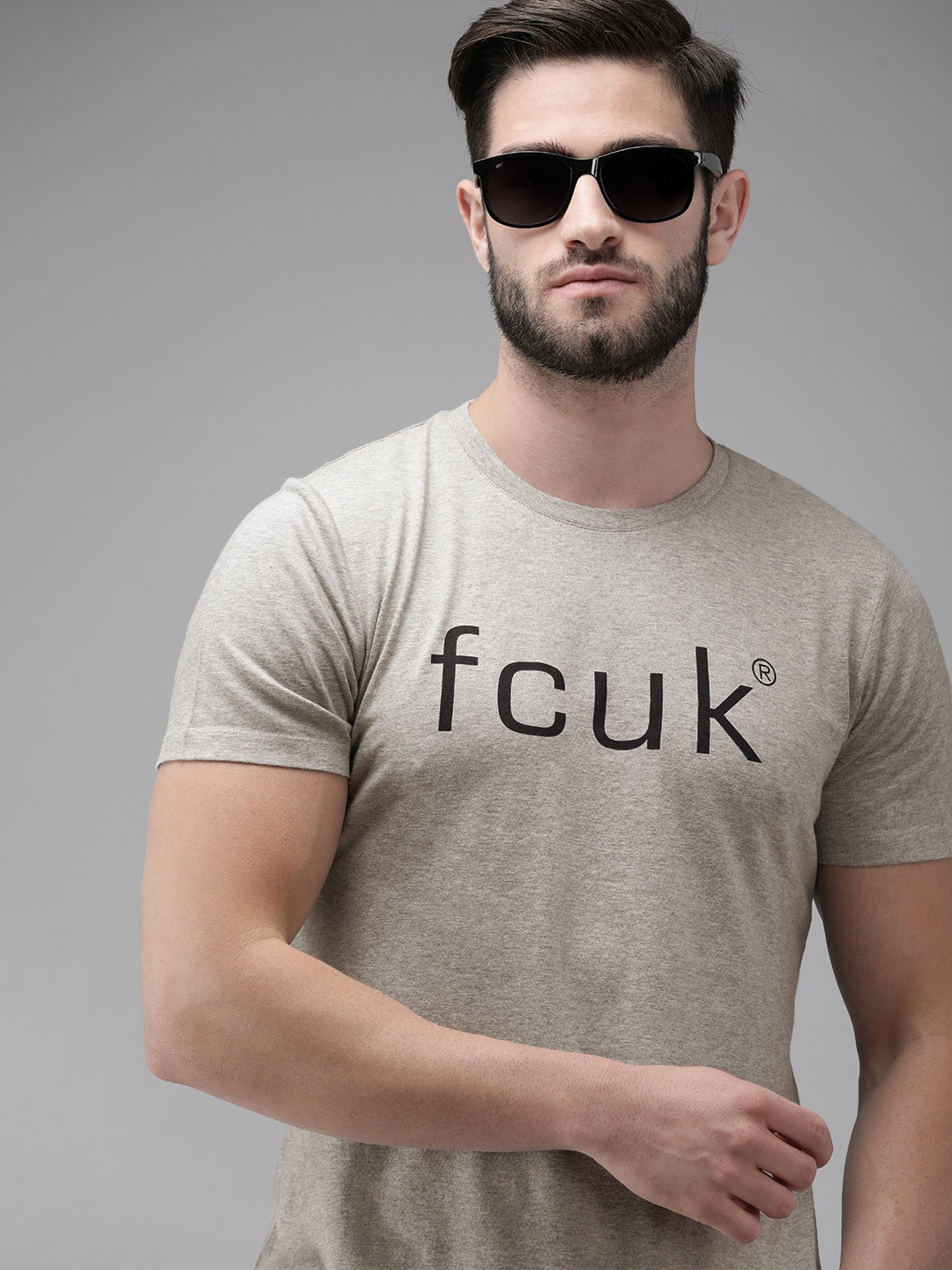 

French Connection Men Grey Brand Logo Printed Pure Cotton Slim Fit T-shirt