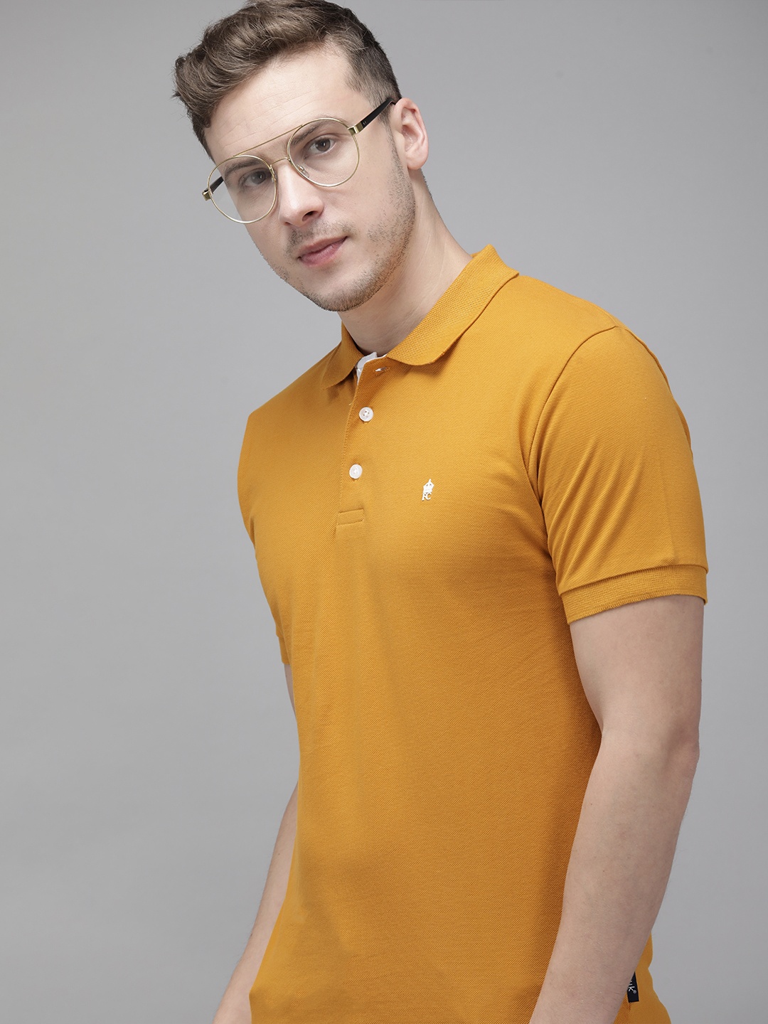 

French Connection Men Mustard Yellow Brand Logo Polo Collar Slim Fit T-shirt