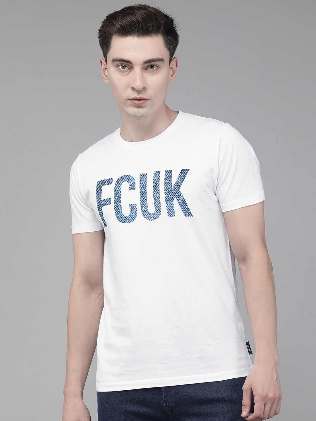 

French Connection Men White & Blue Printed Slim Fit T-shirt