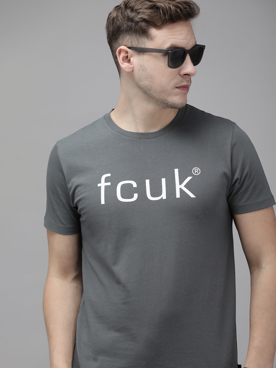 

French Connection Men Grey & White Brand Logo Printed Pure Cotton Slim Fit T-shirt