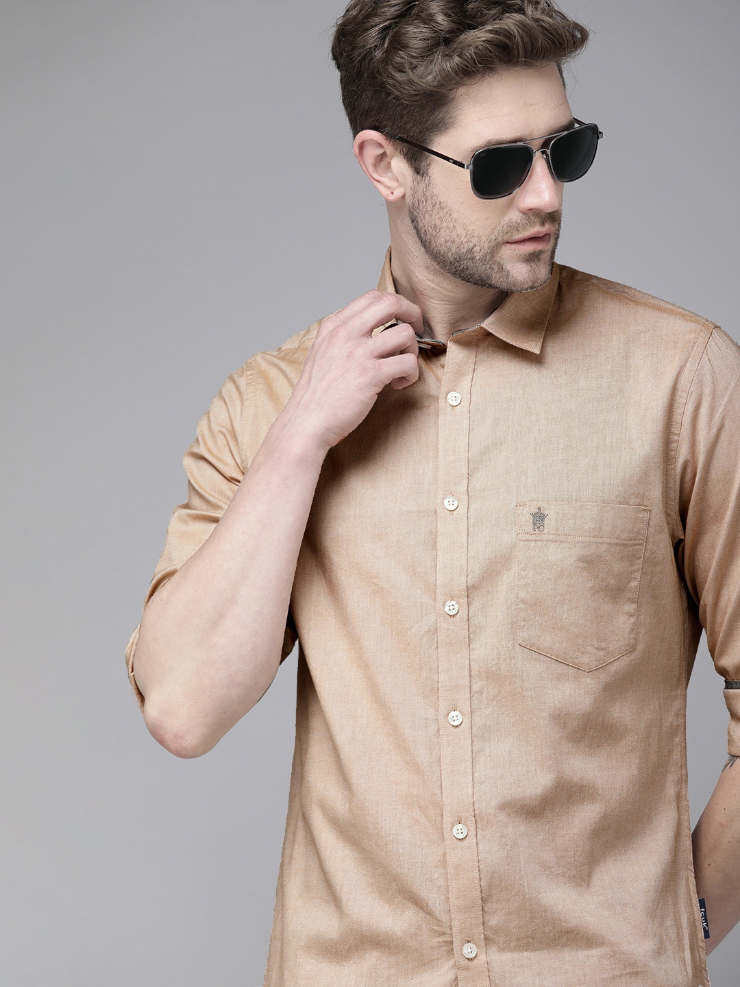 

French Connection Men Khaki Slim Fit Solid Oxford Pure Cotton Casual Shirt