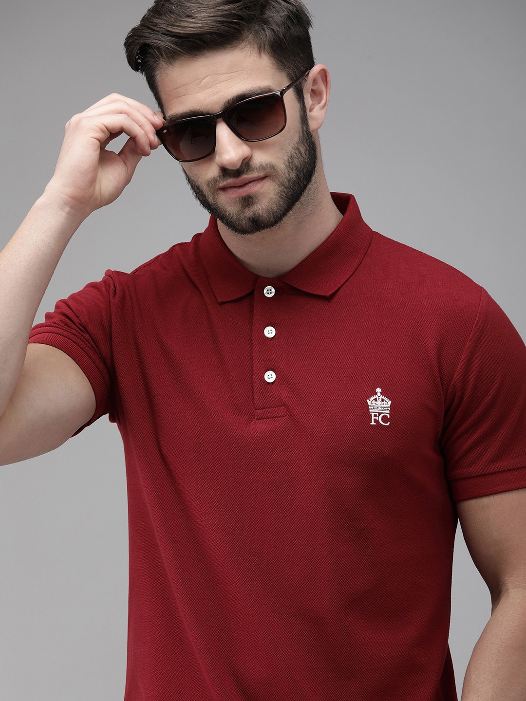 

French Connection Men Red Brand Logo Printed Polo Collar Pure Cotton Slim Fit T-shirt