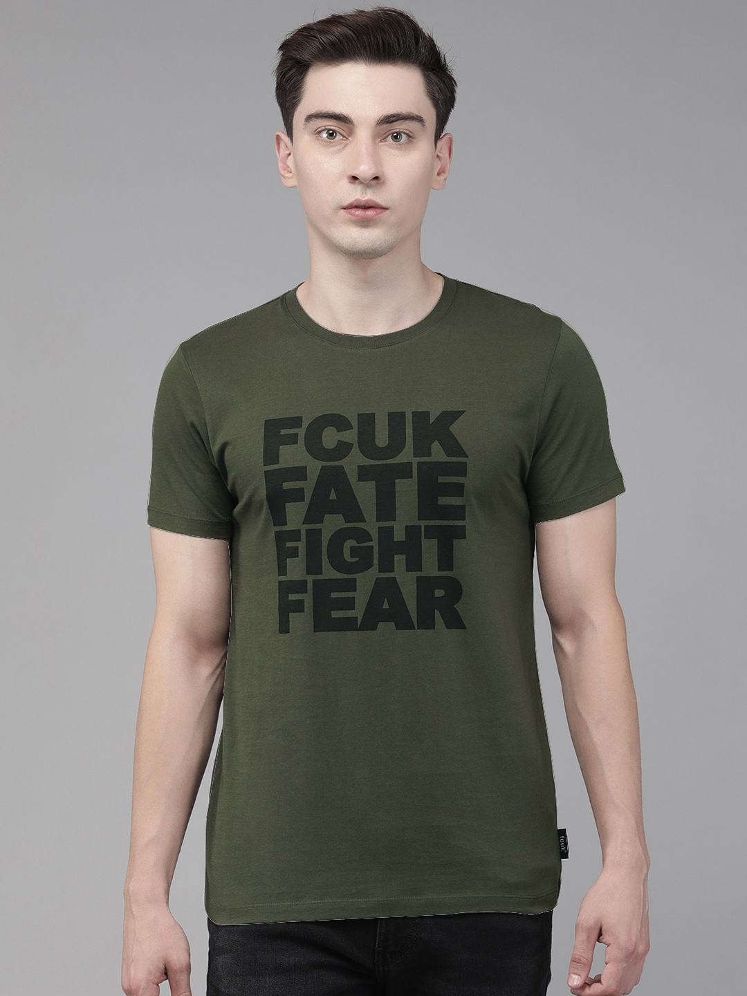 

French Connection Men Olive Green & Black Printed Slim Fit T-shirt