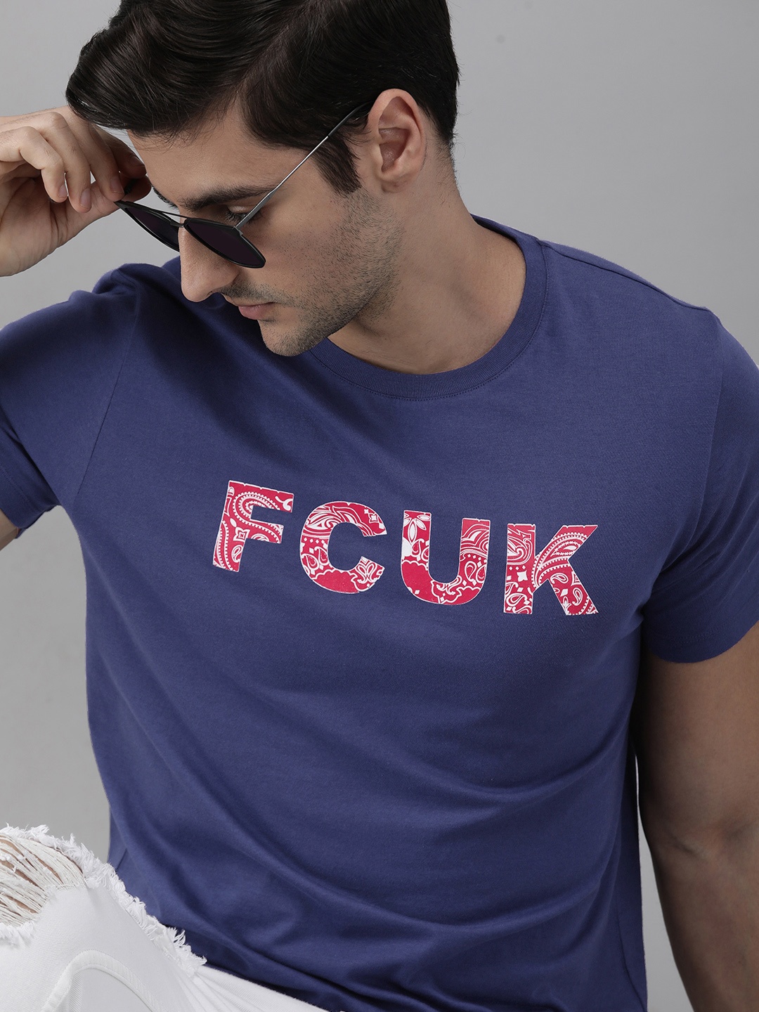 

French Connection Men Blue Brand Logo Printed Slim Fit Pure Cotton T-shirt