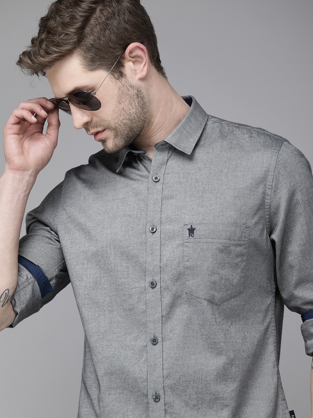 

French Connection Men Grey Slim Fit Solid Pure Cotton Oxford Casual Shirt