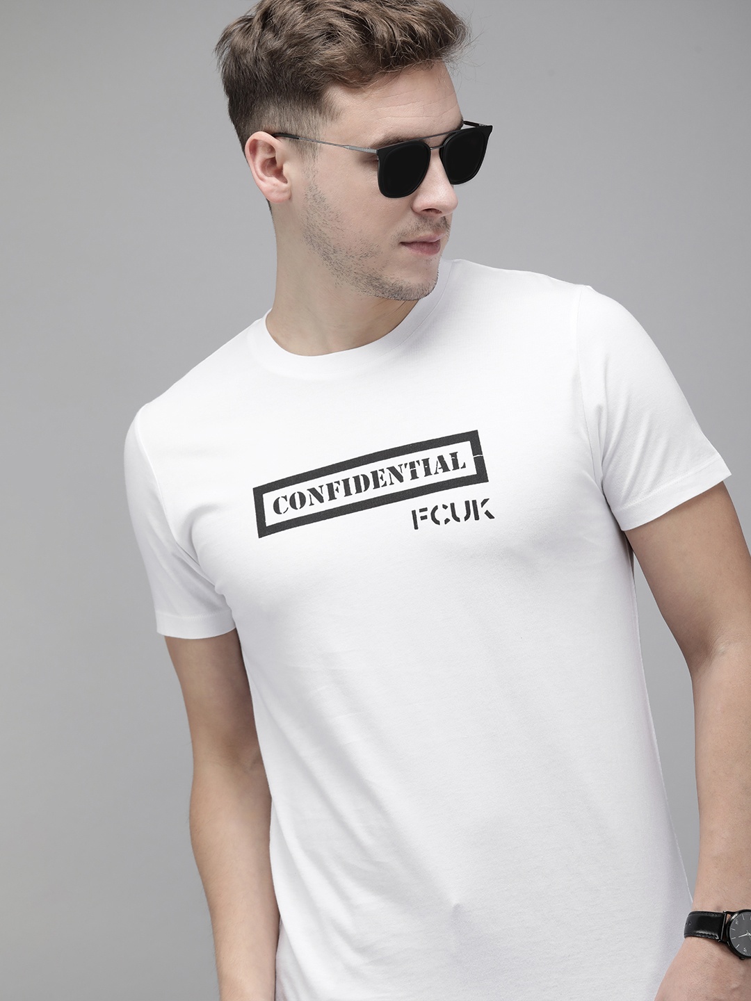 

French Connection Men White & Black Typography Printed Pure Cotton Slim Fit T-shirt