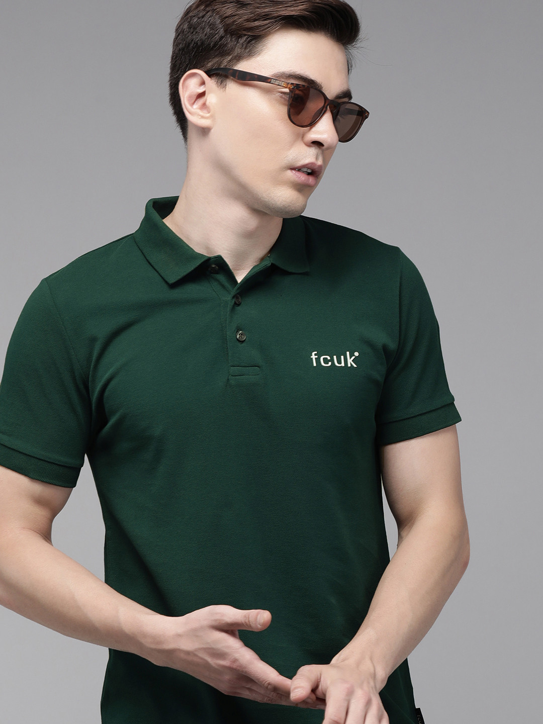 

French Connection Men Teal Green Brand Logo Printed Pure Cotton Slim Fit Polo T-shirt