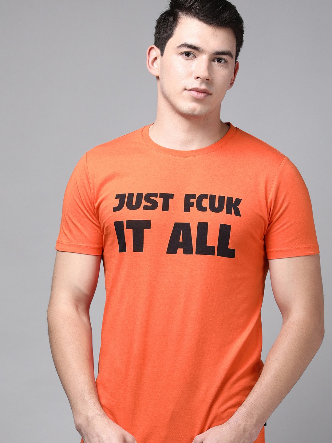 

French Connection Men Orange Typography Printed Pure Cotton T-shirt