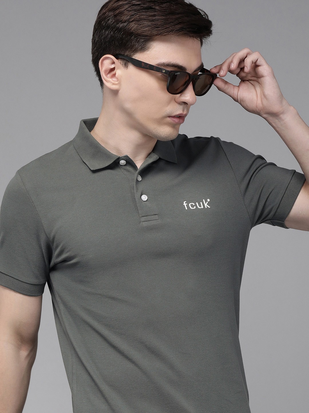

French Connection Men Grey Brand Logo Printed Polo Collar Pure Cotton Slim Fit T-shirt