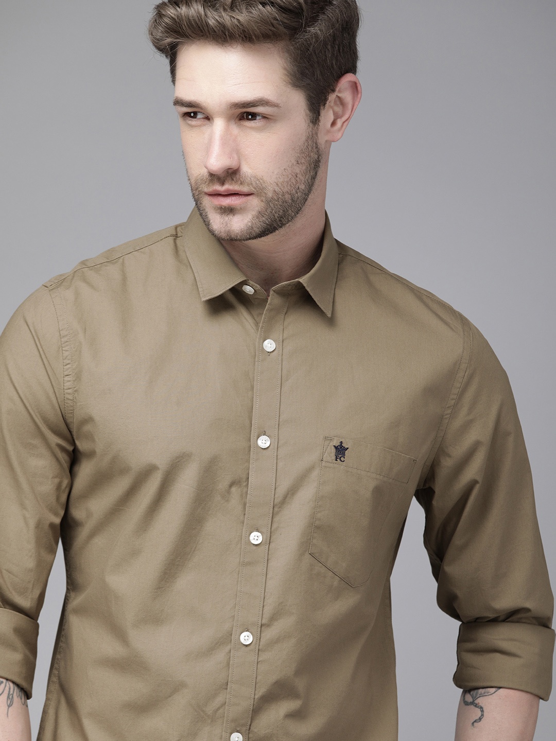 

French Connection Men Brown Slim Fit Solid Pure Cotton Casual Shirt