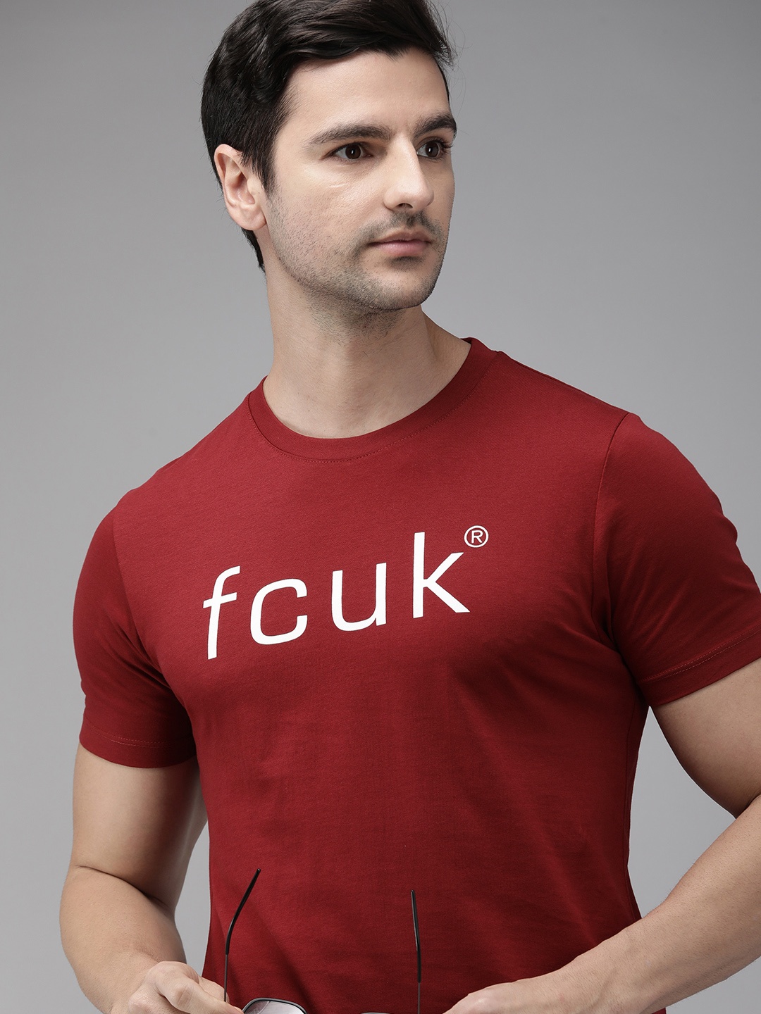 

French Connection Men Red Brand Logo Printed Pure Cotton Slim Fit T-shirt