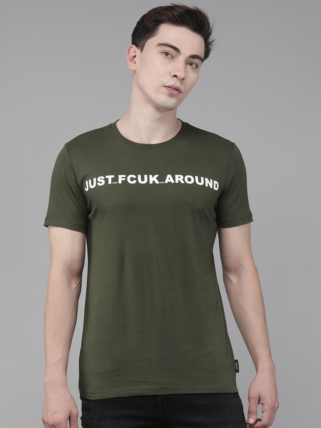 

French Connection Men Olive Green & White Printed Slim Fit T-shirt