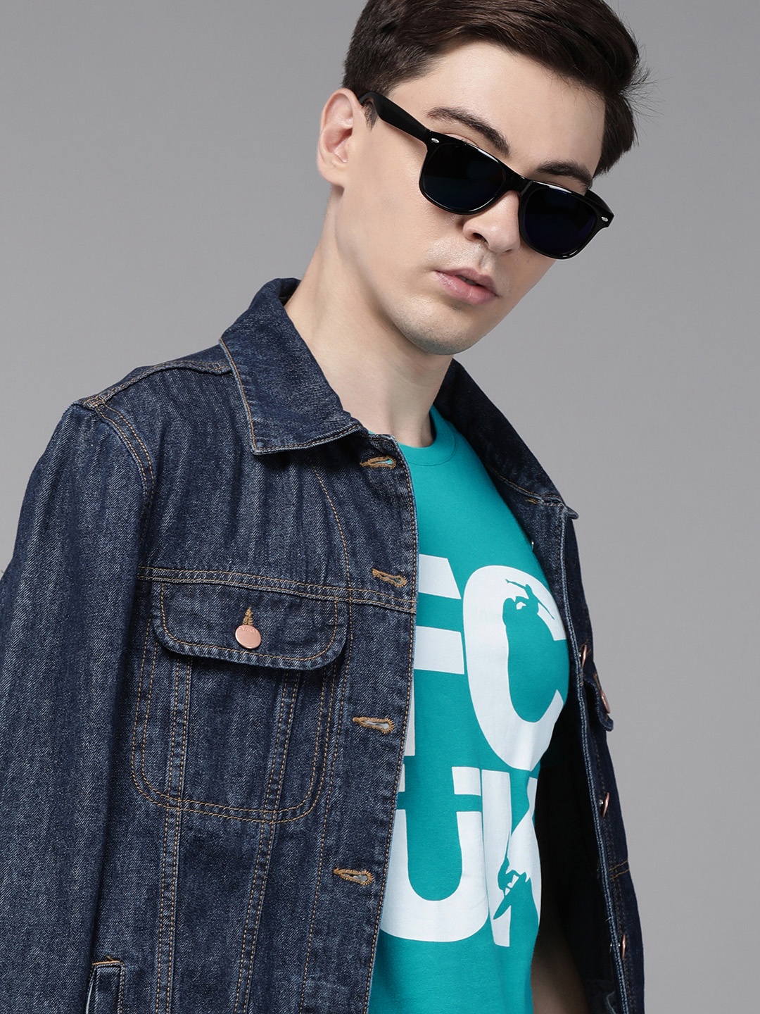 

French Connection Men Teal Brand Logo Printed Slim Fit Casual T-shirt