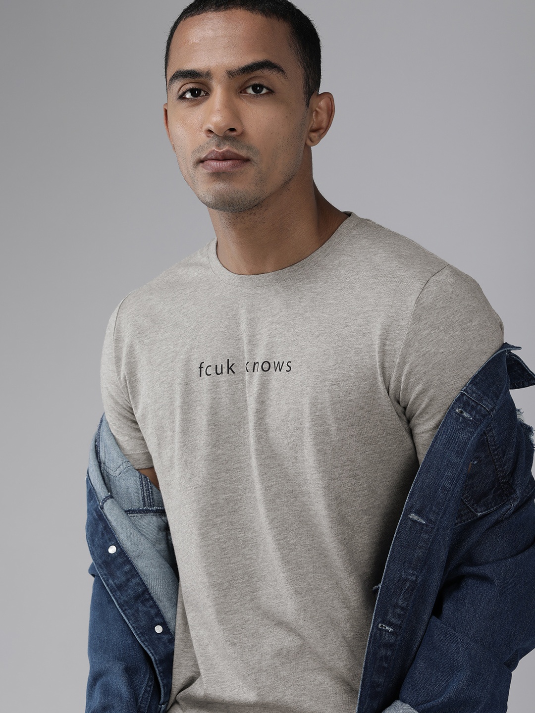 

French Connection Men Grey Melange Slim Fit Pure Cotton T-shirt