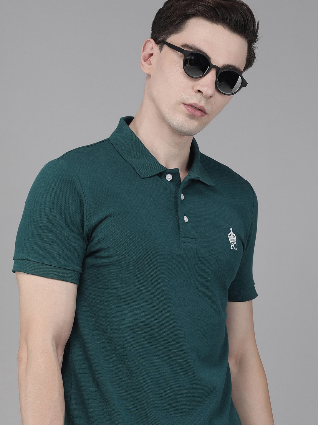 

French Connection Men Teal Brand Logo Polo Collar Slim Fit T-shirt