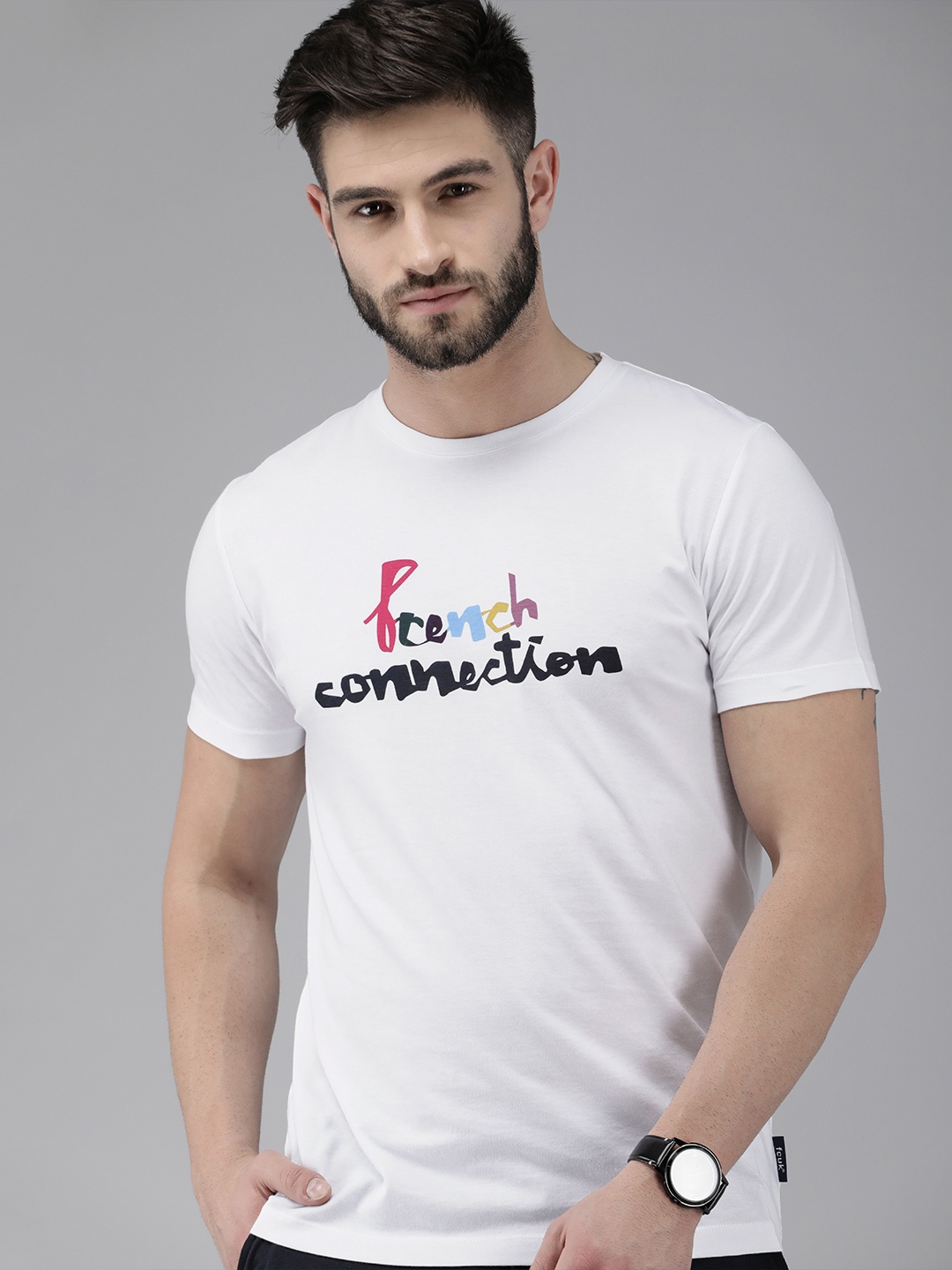 

French Connection Men White Typography Printed Slim Fit Pure Cotton T-shirt