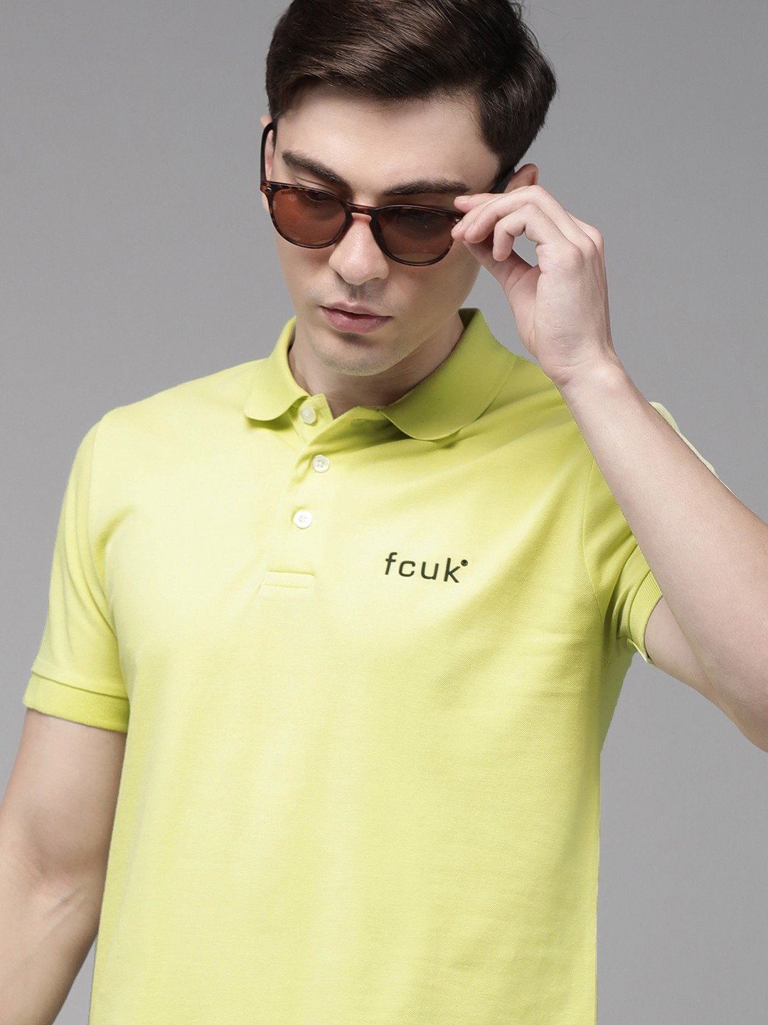 

French Connection Men Lime Green Brand Logo Printed Polo Collar Pure Cotton Slim Fit T-shirt