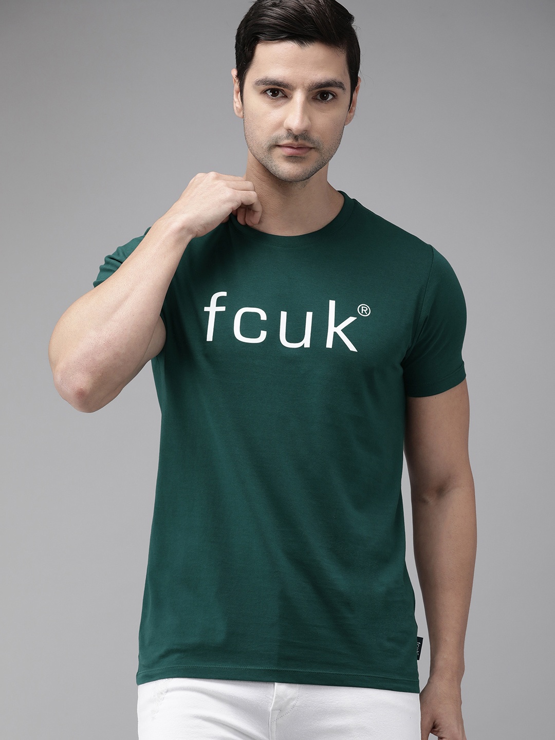 

French Connection Men Green Brand Logo Printed Pure Cotton Slim Fit T-shirt