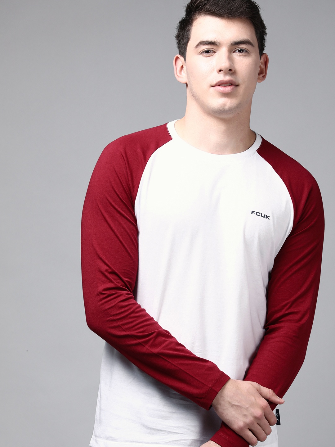 

French Connection Men White Solid Contrast Sleeves Pure Cotton T-shirt