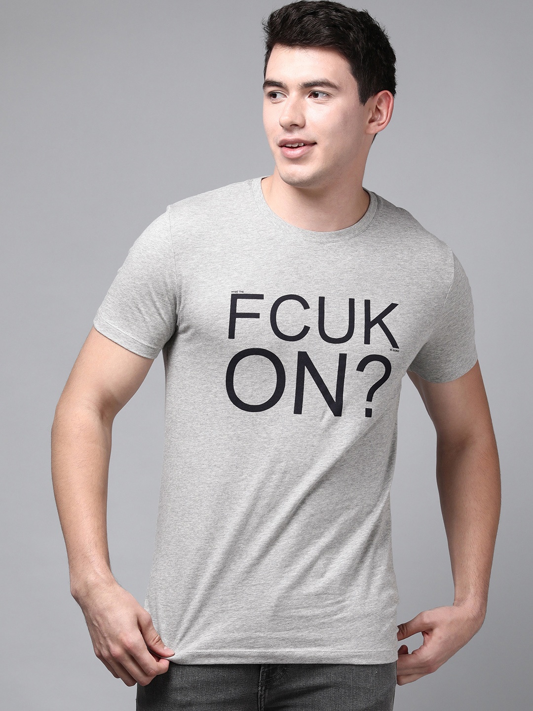 

French Connection Men Grey Melange Typography Printed Pure Cotton T-shirt