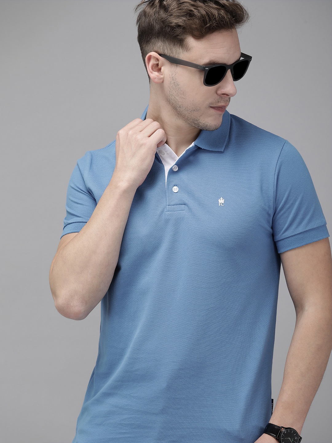 

French Connection Men Blue Brand Logo Polo Collar Slim Fit T-shirt