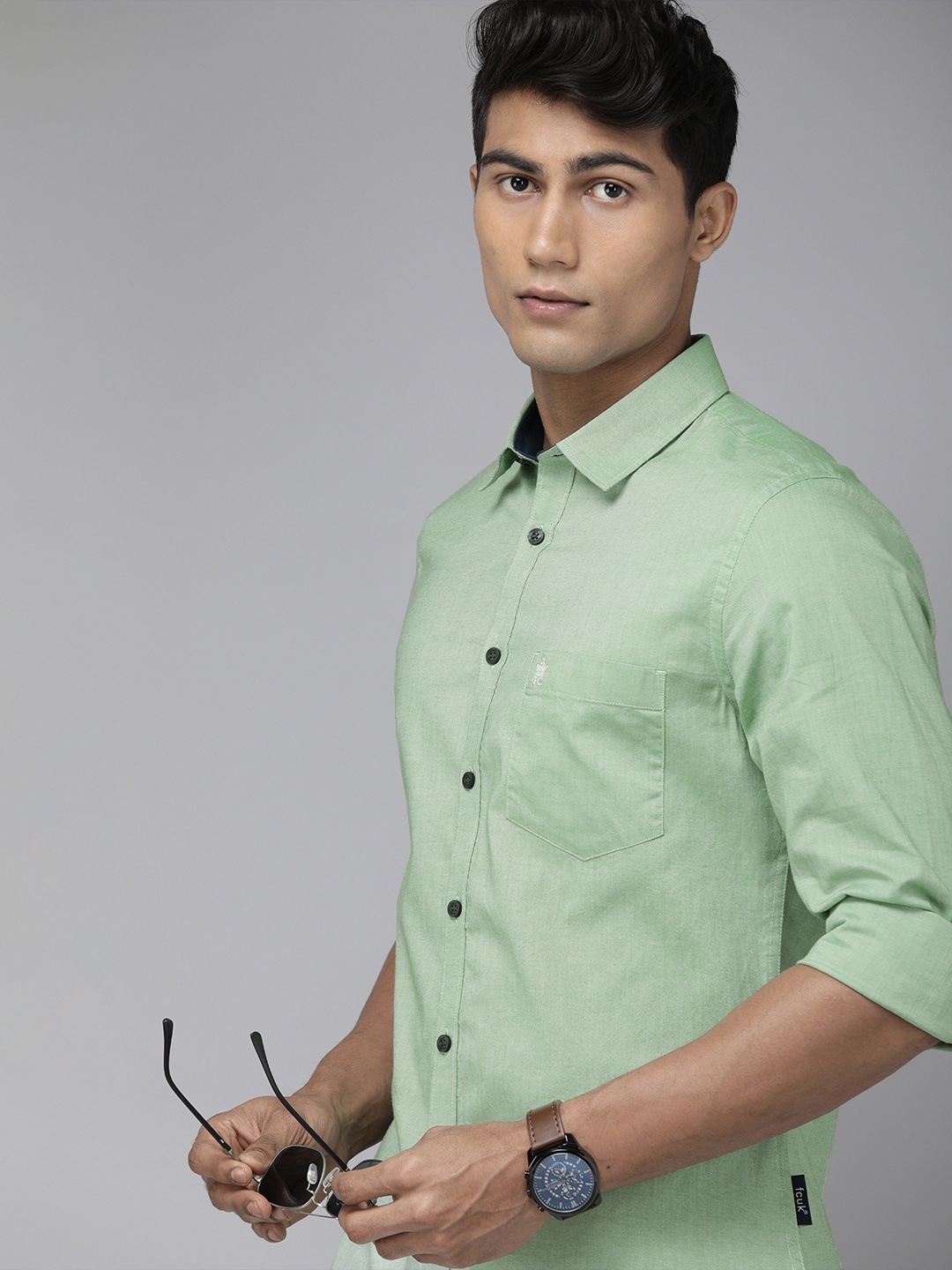 

French Connection Men Green Slim Fit Solid Pure Cotton Oxford Casual Shirt