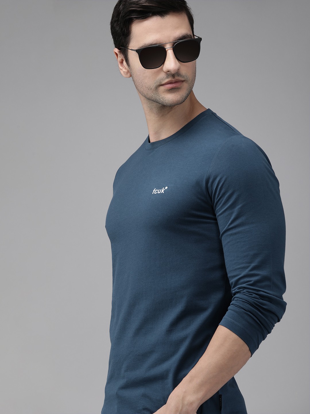 

French Connection Men Blue Brand Logo Printed Pure Cotton Slim Fit T-shirt