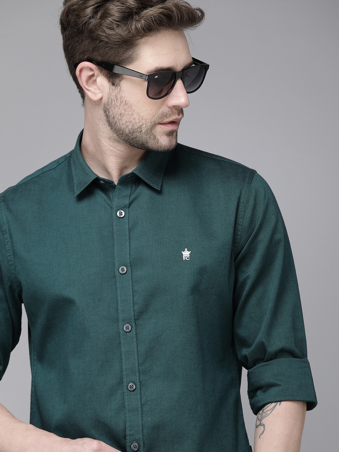 

French Connection Men Teal Green Slim Fit Solid Pure Cotton Oxford Casual Shirt