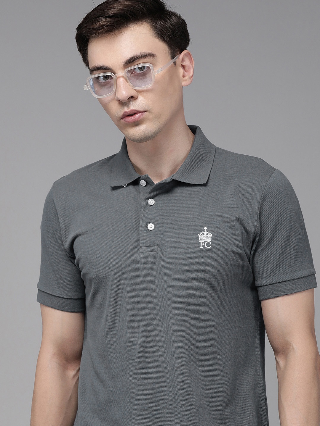 

French Connection Men Grey Brand Logo Polo Collar Slim Fit Casual T-shirt